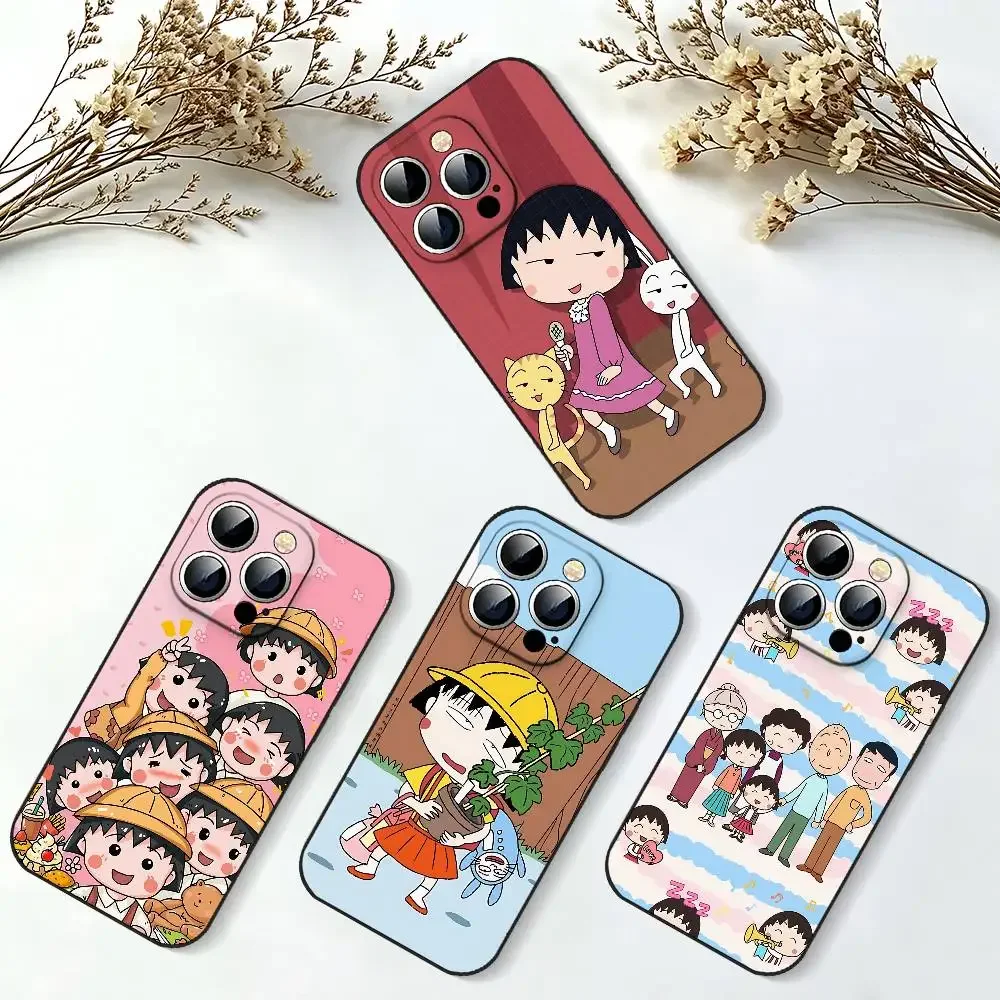 Funda Protectora Delgada Negra con Diseño de C-Chibi Maruko-chan para iPhone 17 16 15 14 13 12 11 X XR XS Max Pro Max Plus Mini