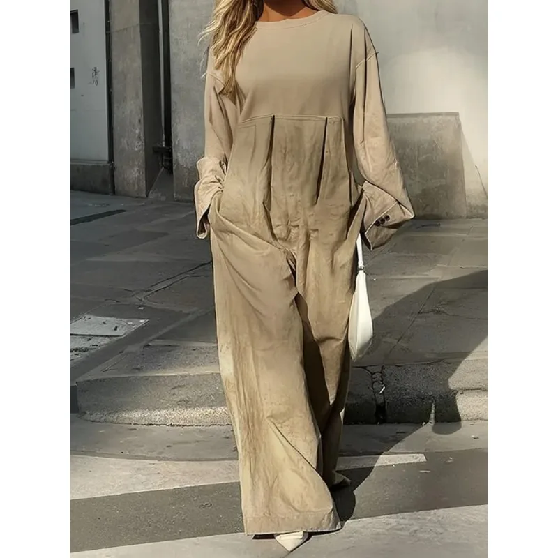 بدلة قفز نسائية طويلة من القطن والمشمش لخريف وشتاء 2025 غير رسمية بياقة دائرية وأكمام طويلة بطيات قطعة واحدة 178973 #2