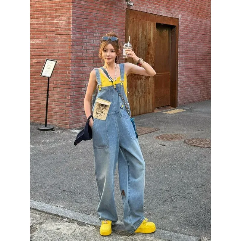 

plus sizedenim for lady Spanx Disney Summer Women's Mickey Print Denim Overalls, Vintage American Style Loose Wide Leg Jumpsuits