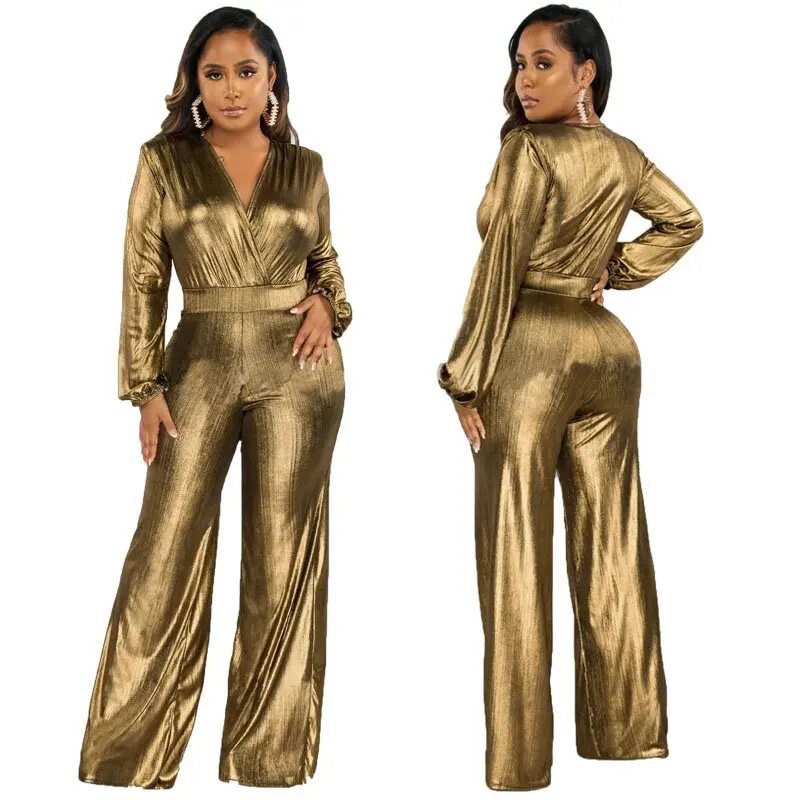 Tuta da discoteca per feste metallizzata glitterata donna 2023 autunno elegante manica lunga vita alta pantaloni a gamba larga pagliaccetto per donna