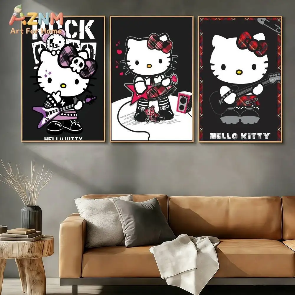 AZNM Hello Kitty - Cuadro decorativo de lienzo, diseño de calavera punk con guitarra de rock de Sanrio, impresión en lienzo sin marco, estética Kawaii japonesa