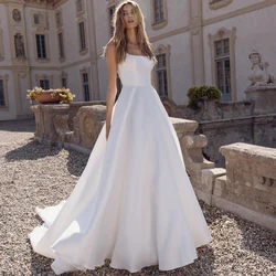 Classic Square Neck Wide Straps Wedding Dresses Sleeveless Open Back Beading Pearls Satin A Line Floor Length Vestidos De Novia