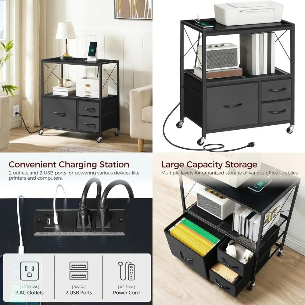 

3-Drawer Mobile Filing Cabinet with Charging Station for Home Office, A4/Letter Size, Nonwoven Drawers, Black