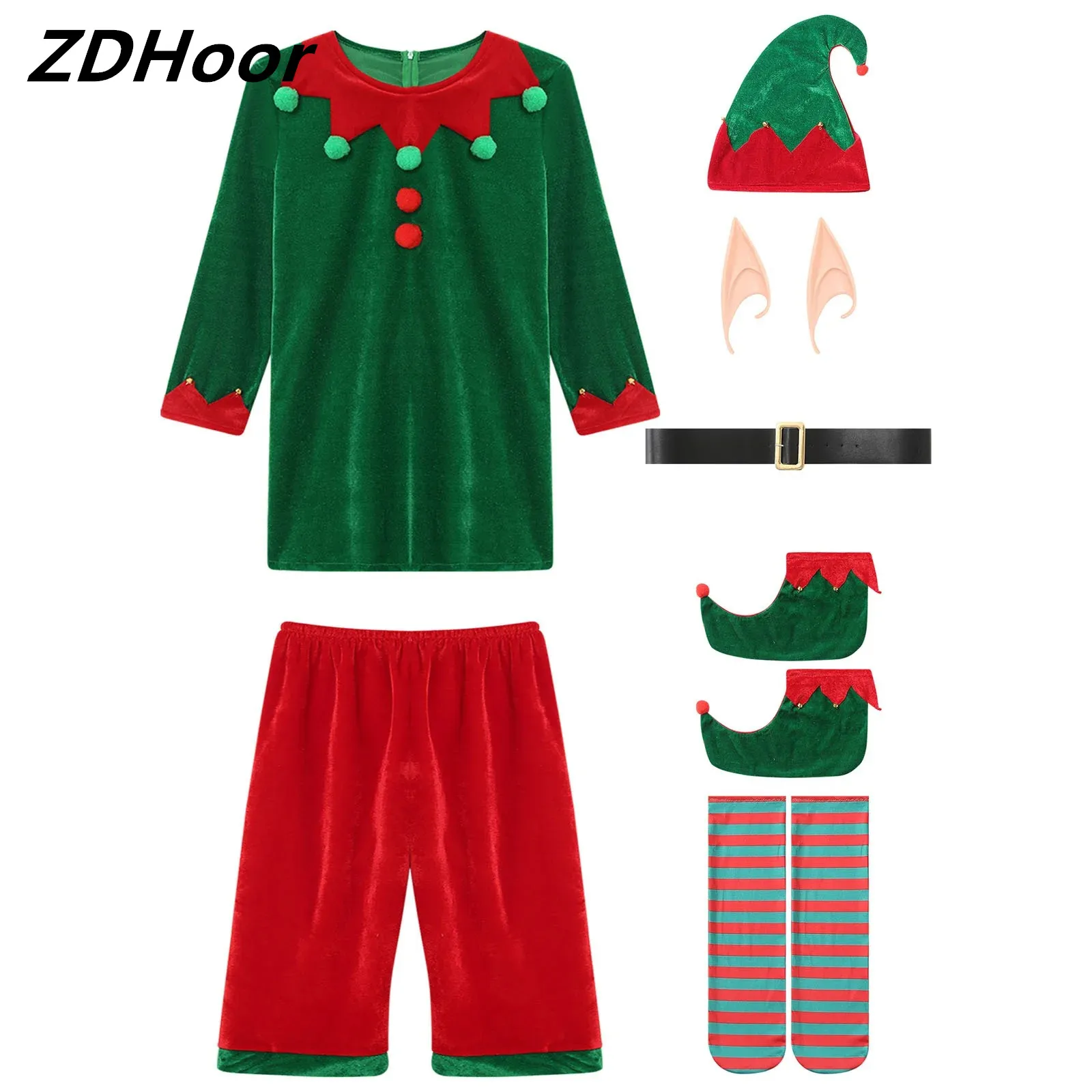 

Men Christmas Elf Costume Set Santas Helper Costume Long Sleeve Top with Pants Hat Elf Ears Shoes Belt And Stockings Set Costume