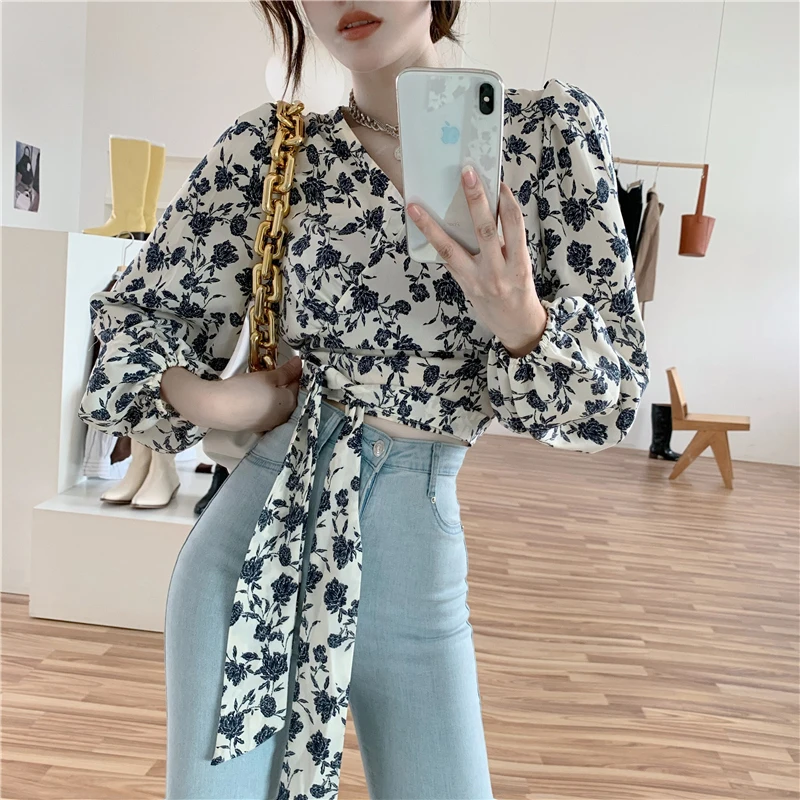 Y2k Floral Print Women Shirts Korean Elegant Slim Lace Up Female Blouse Autumn New V Neck Office Ladies Crop Tops