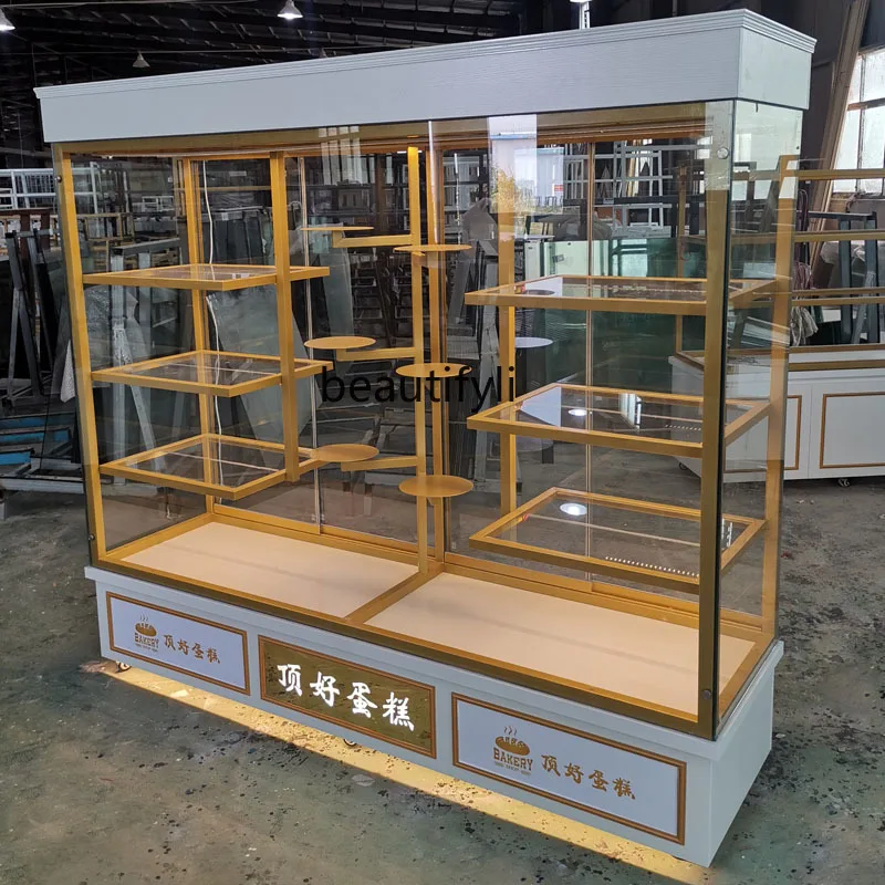 Golden Cake Counter White Model Exhibition Bread Sample Cabinet Professional Push-Pull Glass Shelf