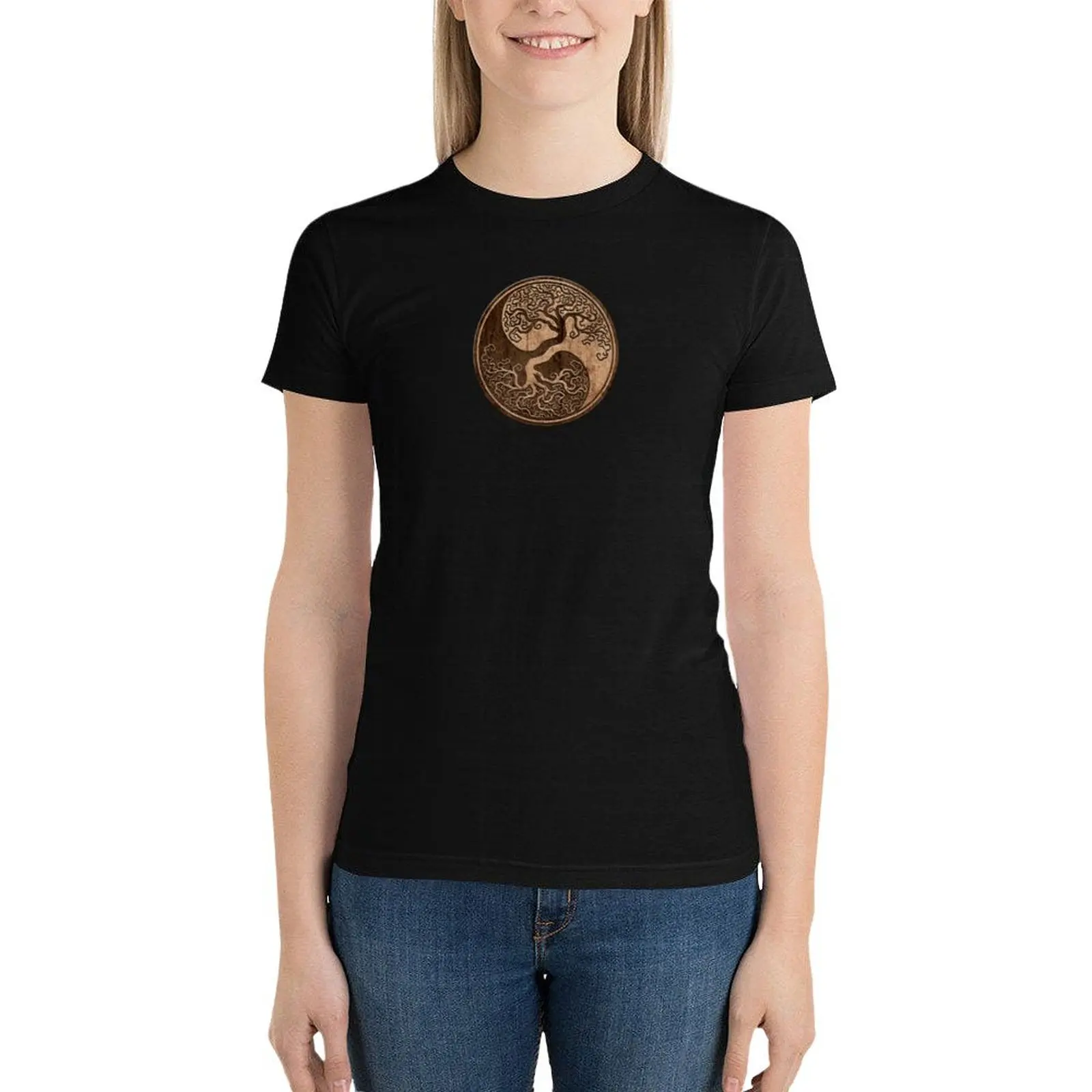 

Rough Wood Grain Effect Tree of Life Yin Yang T-Shirt tops cute tops summer clothes cute t-shirts for Women