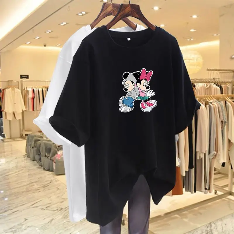 

korean reviews many girls clothes Women's 100% Cotton Disney Mickey Print Short Sleeve Oversized Longline Summer Plus Size Top