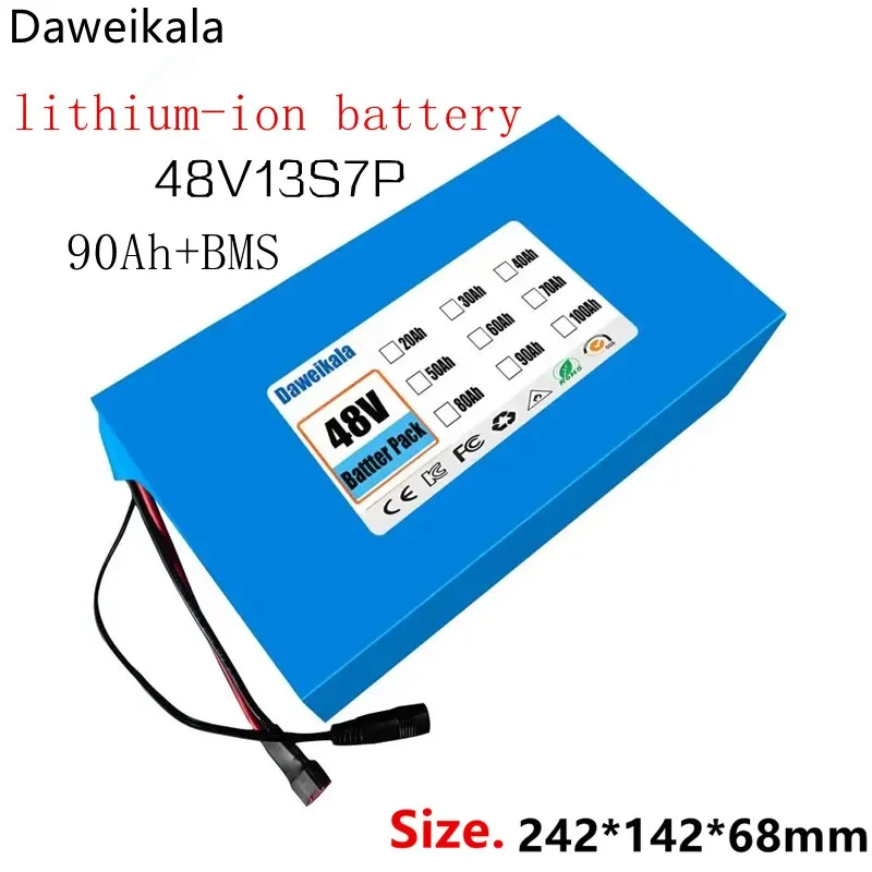 New 48V 90Ah XT60 13S7P lithium-ion battery pack 48V 90000mAh 2000W electric battery, built-in 60A BMS