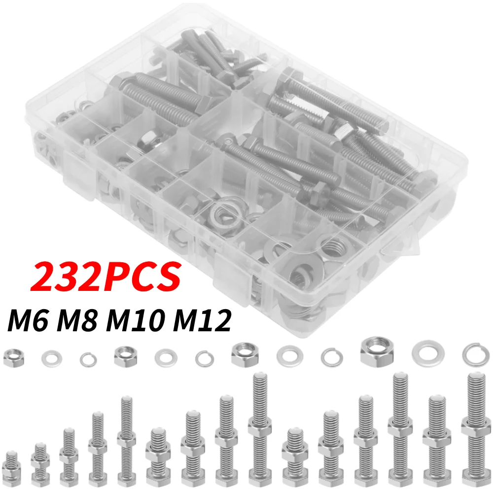 

232Pcs Hex Bolts and Nuts Set M6 M8 M10 M12 Nut and Bolt Assortment Kit 304 Stainless Steel Outer Hexagon Bolts Machine Screws
