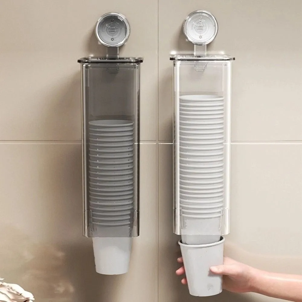 Suction Cup Disposable Cup Dispenser Clear Design Wall-mounted Paper Cup Storage Rack Dustproof Punch-free Cup Picker Home