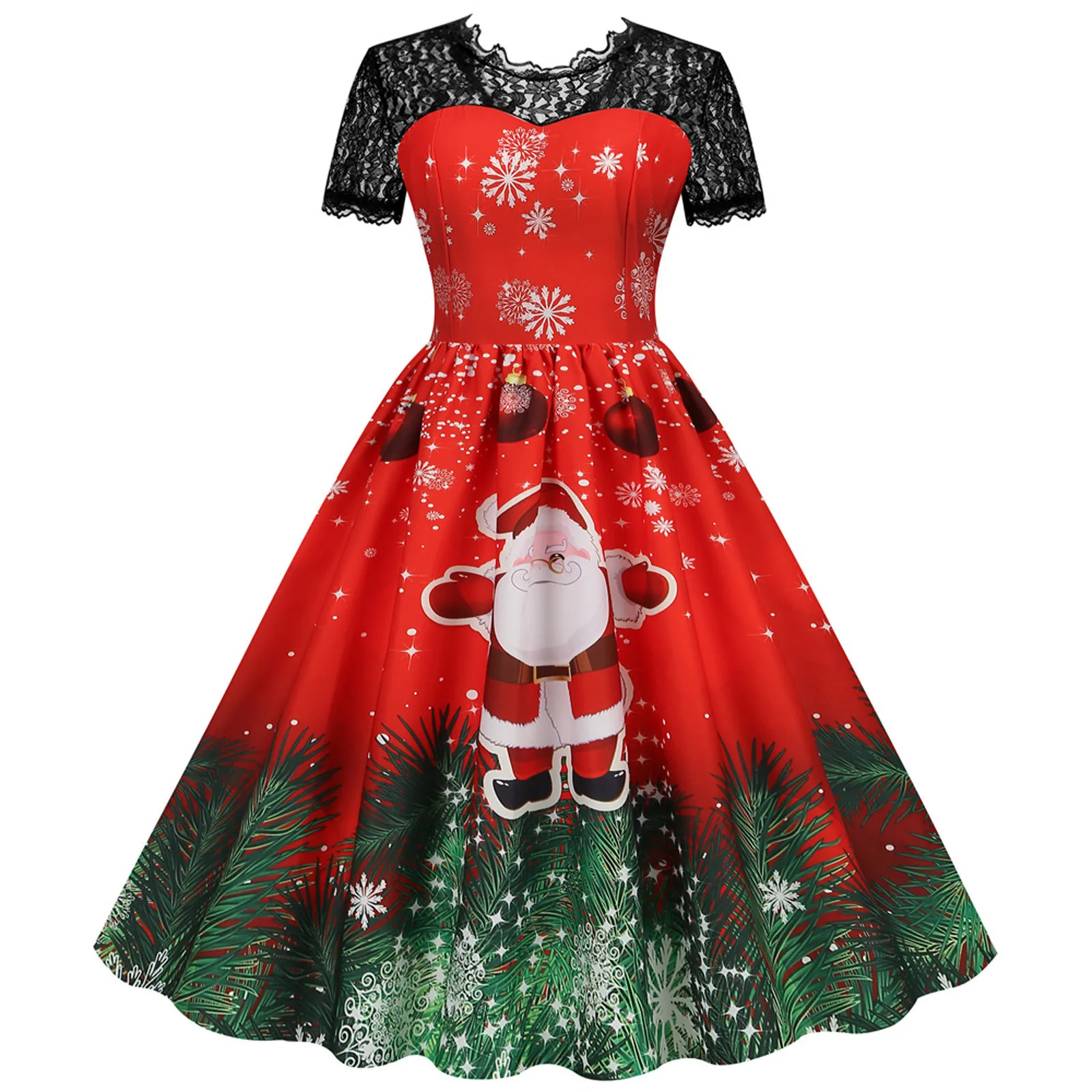 

Vintage Christmas Dress For Women Short Sleeve Lace Patchwork Cute Print Swing A Line Vestidos Elegant Evening Party Prom Dress