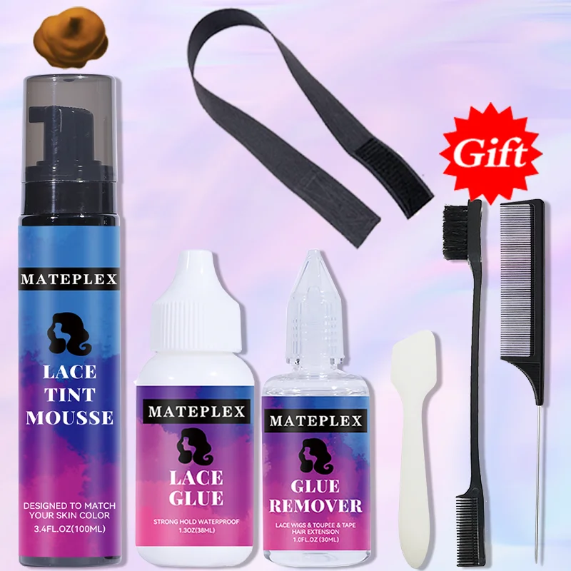 Mateplex parrucca pizzo tinta Mousse marrone medio + 38ml rimozione colla pizzo impermeabile + pettini spazzole kit per parrucca frontale in pizzo installazione