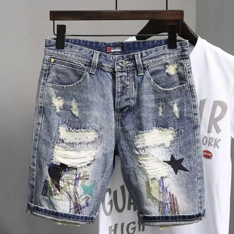 Short Jeans Pants for Men Ripped Blue Baggy Man Denim Shorts Trend 2024 Wide Harajuku Retro Cowboy New in Cut Sale Thin Rude Xl