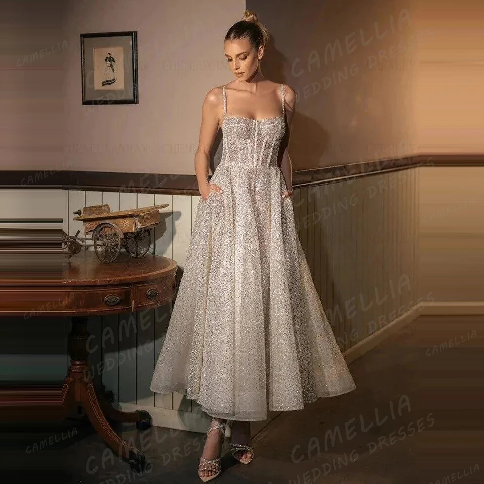 

Glisten Women's Wedding Dresses A Line Sequined Sleeveless Sweetheart Bridal Gowns Tea-Length Party Vestidos De Novia Customized