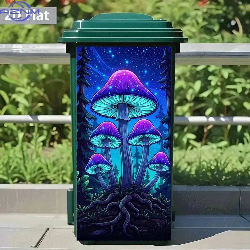 Pegatina para bote de basura, diseño con temática de hongos fluorescentes del bosque nocturno, papel tapiz autoadhesivo para pared, decoración para bote de basura de cocina