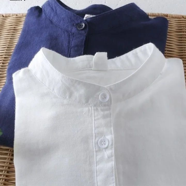 

Men's Cotton Linen Short Sleeve Shirt Summer Casual round Neck Stand Collar White Breathable Lightweight Vintage Style Male Top