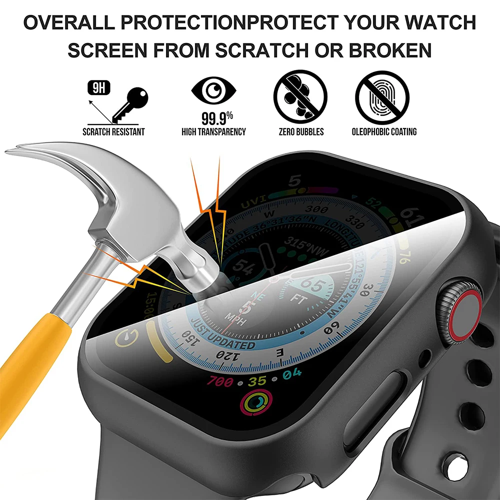 

Anti Spy Glass+Case for Apple Watch 8 7 SE 6 5 4 40mm 44mm 41mm 45mm Private PC Bumper Screen Protector for iWatch Series 9 4145