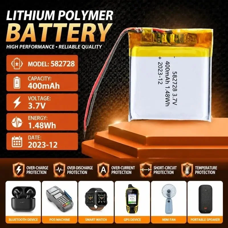 [New] 100pcs 582728 Polymer lithium battery 400mAh and children's phone watch beauty instrument sphygmomanometer 3.7V
