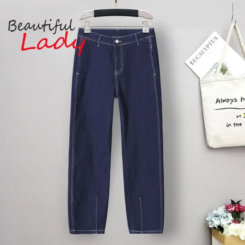 Jeans Longgar Pinggang Tinggi Wanita Jeans Ukuran Besar Musim Panas untuk Wanita Jeans Ibu Ukuran Besar Celana Panjang Pergelangan Kaki Longgar