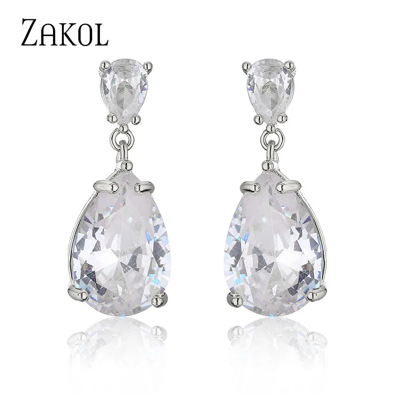 ZAKOL Shinny Water Drop Crystal Dangle Earrings for Women Bridal Wedding Dress Jewelry