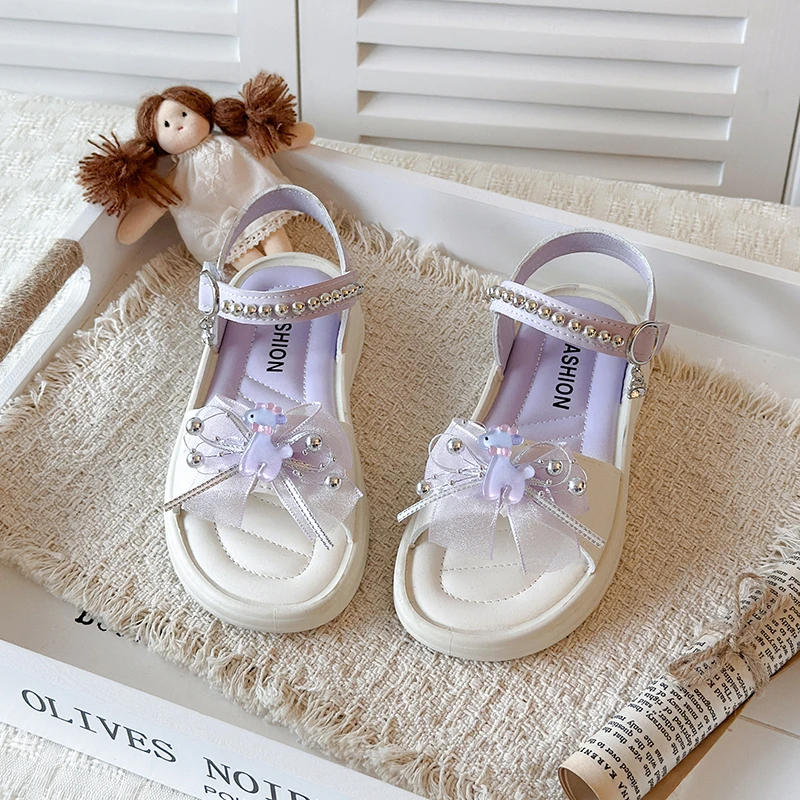 Kids Casual Sandals Sweet Lace Bows Girls Sandals Soft Bottom Versatile 2026 Summer New Children Beach Shoes Fashion Non-slip