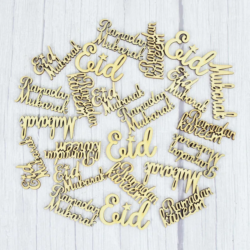 15/30/60Pcs Eid Al Fitr Ramadan Wood Chip Wooden Letter Crafts Mubarak Karim Party Decorations Holiday Party Decoration Supplies