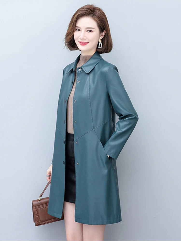 New Women Spring Autumn Leather Coat Casual Fashion Plus Cotton Lining Medium Long Loose Sheepskin Trench Coat Mother Topcoat