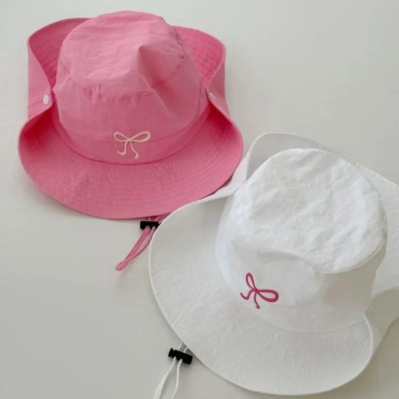 

Korean Pink Bow Quick Dry Fisherman Hat Windproof Rope Women Outdoor Camping Mountaineering Hats Girl Summer Sunscreen Bowl Cap