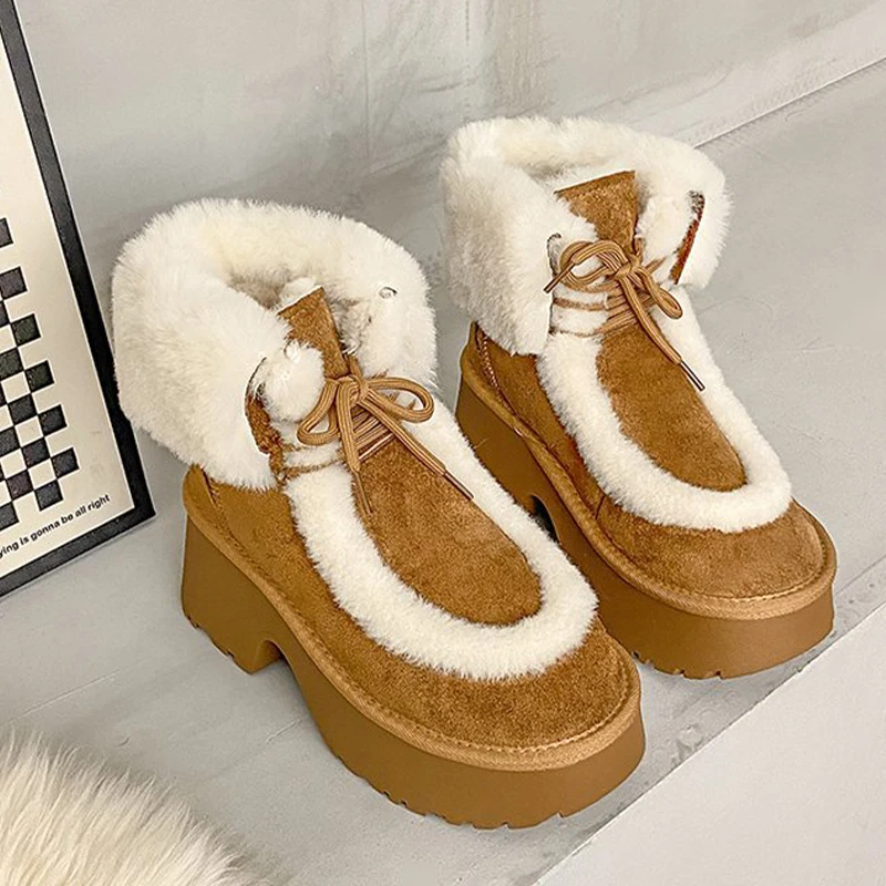

Ankle Women's Snow Boots Fur Fashion High Heels Shoes Chunky Warm Winter Boots 2025 Designer Short Plush Short Botas De Mujer