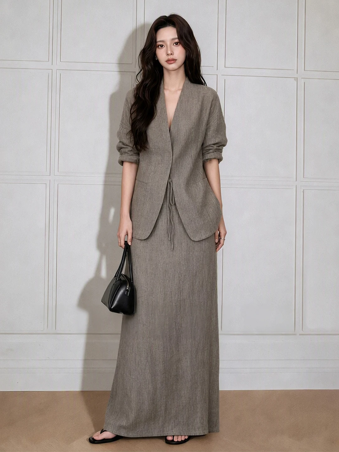 Women's Retro Linen Suit Set Midi Skirt Commute Whole Set Long Sleeve Button up Casual Style Two Piece Ensemble Autumn Collec...