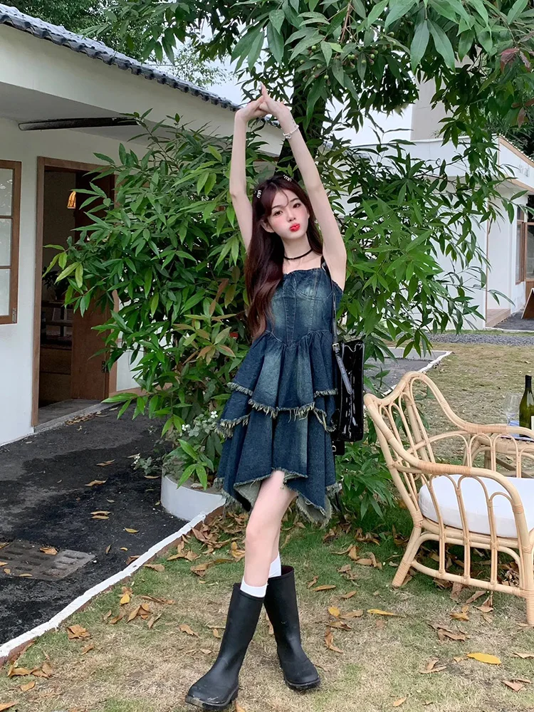 pure-desire-spicy-girl-denim-off-shoulder-dress-women-summer-vintage-asymmetrical-waist-cinched-a-line-skirt-dress