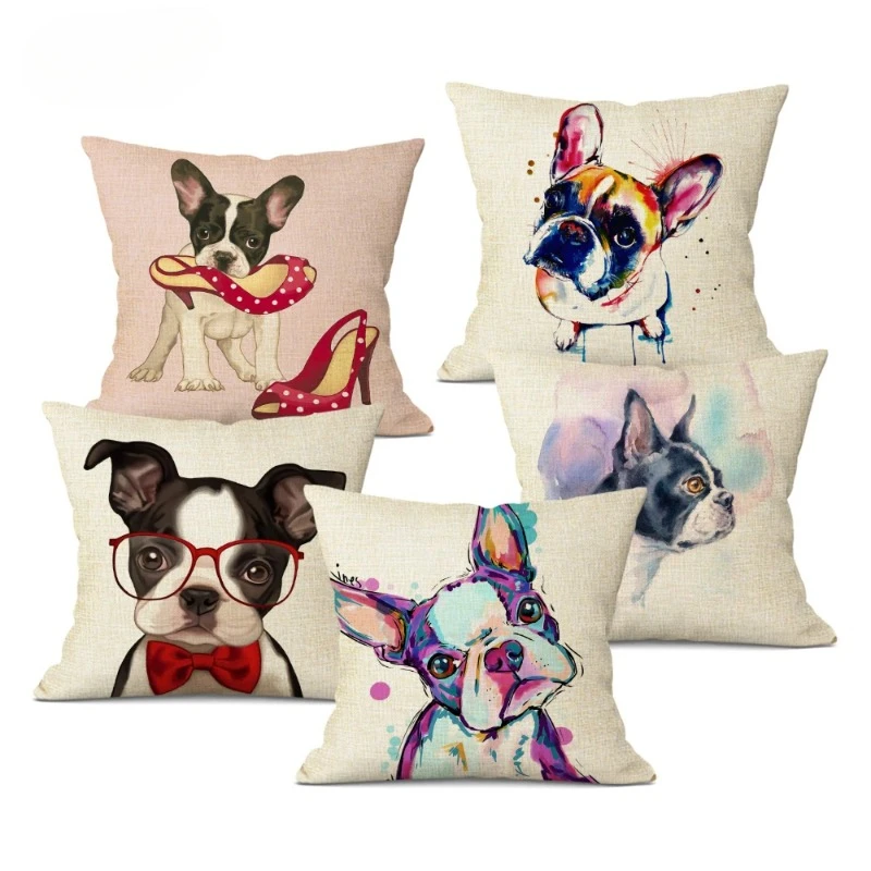 French Bulldog Pug Dog Cushion Cover Cute Cartoon Dog Printing Pillowcase 45CMx45CM  Linen Sofa Home Decor Pillow Covers