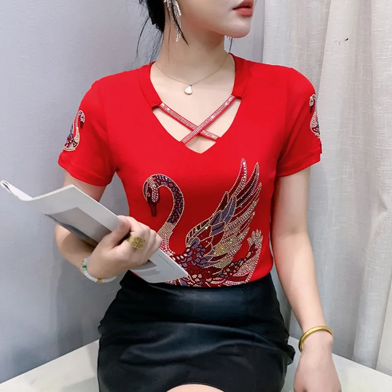 الشارع الشهير الملابس النسائية تي شيرت مثير جودة عالية سوان الساخن الماس تصميم قصيرة الأكمام بلايز شبكة تيز أحدث قميص #5