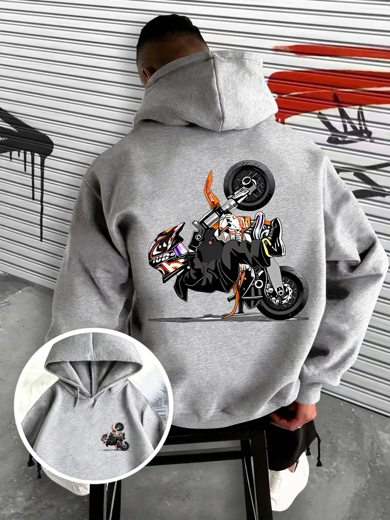 Men's Biker Autumn Winter Hoodie Street Motorcycle Stunt Rider Print Trendy Streetwear Fleece Sweatshirt