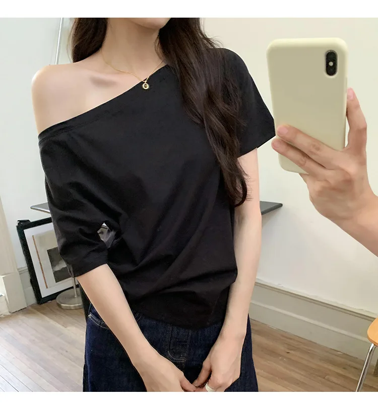 Off Shoulder T-Shirt Lace Top Womens Yellow Bright Simple Solid Color Regular Version Basic Plain Female Tee Pure Fresh Light GF