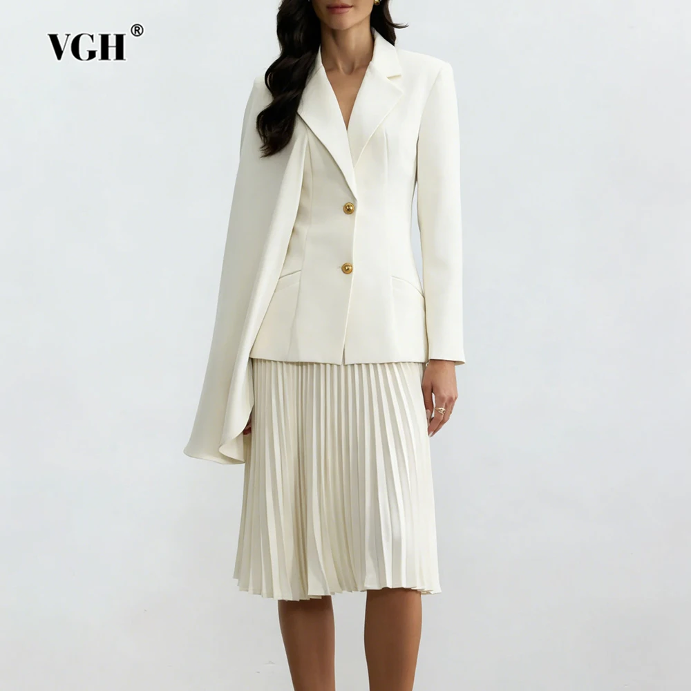 

VGH solid slimming casual two piece sets For women lapel long sleeve top high waist draped skirt elegant set female fashion new