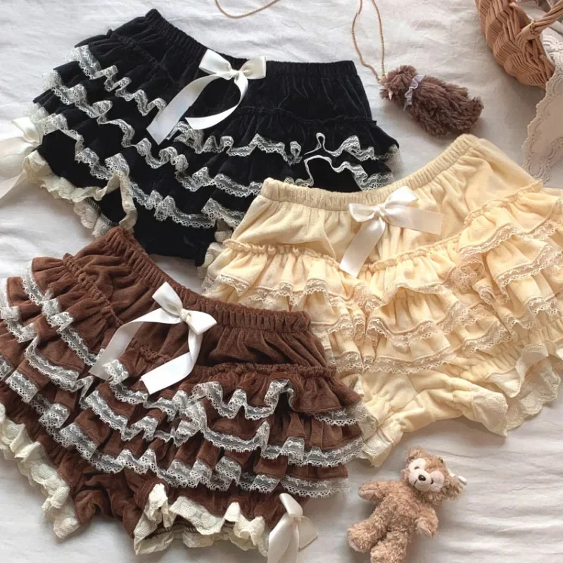 

Autumn Winter Warm Lolita Safety Short Pants Women Sweet Chic Plush Bloomers Japanese Y2k Lace Bow Knickers Harajuku Cute Shorts