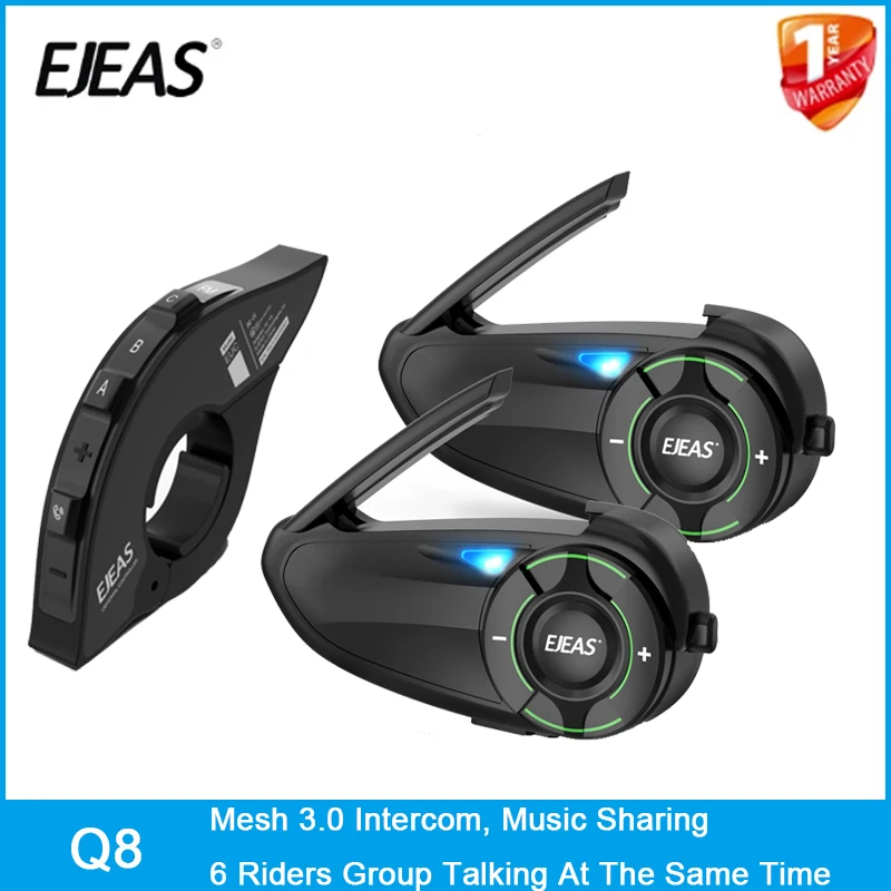 EJEAS-Q8 Motorcycle Helmet Mesh Intercom com Handle, remoto para 6 Riders, falando ao mesmo tempo, compartilhamento de música, FM, IP67, 1 Pc, 2Pcs