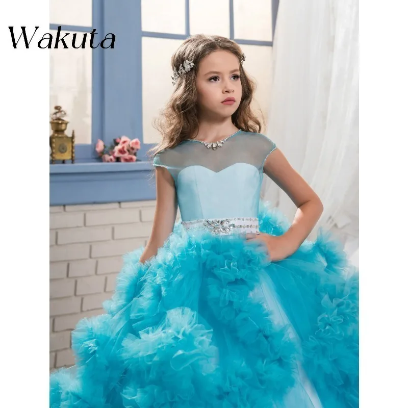 Wakuta-Vestido De gasa sin mangas con cuello redondo para niño, bata De princesa, mopa De plumas, velo esponjoso, Vestido De noche para Fiesta