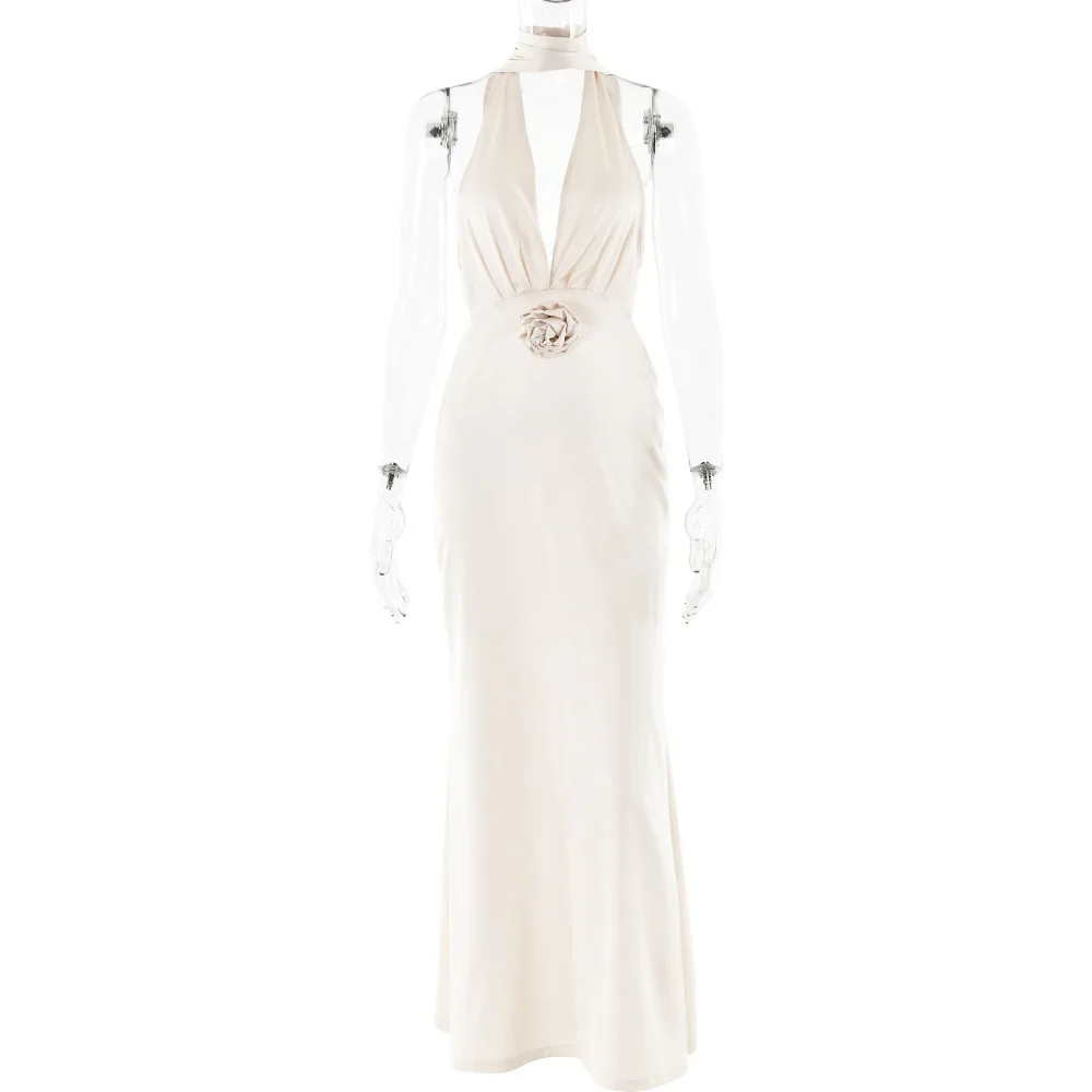 2025 حار بيع جديد مثير أنيق بلون العميق الخامس الرقبة الرسن التعادل عارية الذراعين Bodycon فستان طويل #6