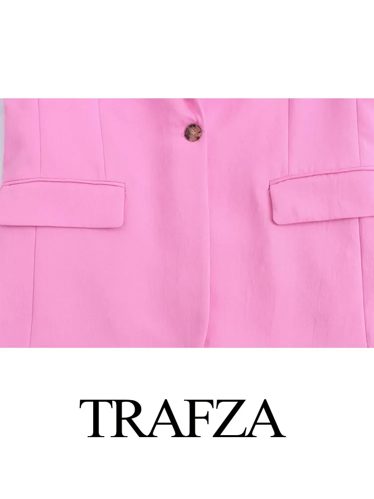 TRAFZA Woman 2 Piece Trouser Set Pink Lapel Single Button Pockets Blazer + High Waist Commute Office Lady Female Wide Leg Pant