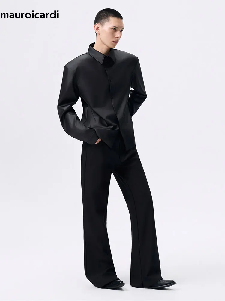 

Mauroicardi Spring Autumn Short Fitted Shiny Black Shirt Men Shoulder Pads Long Sleeve Chic High Quality Luxury Designer Clothes