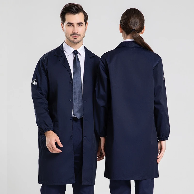 

Long - length work uniform top, long - length anti - static labor protection clothing with pockets, blue work uniform.
