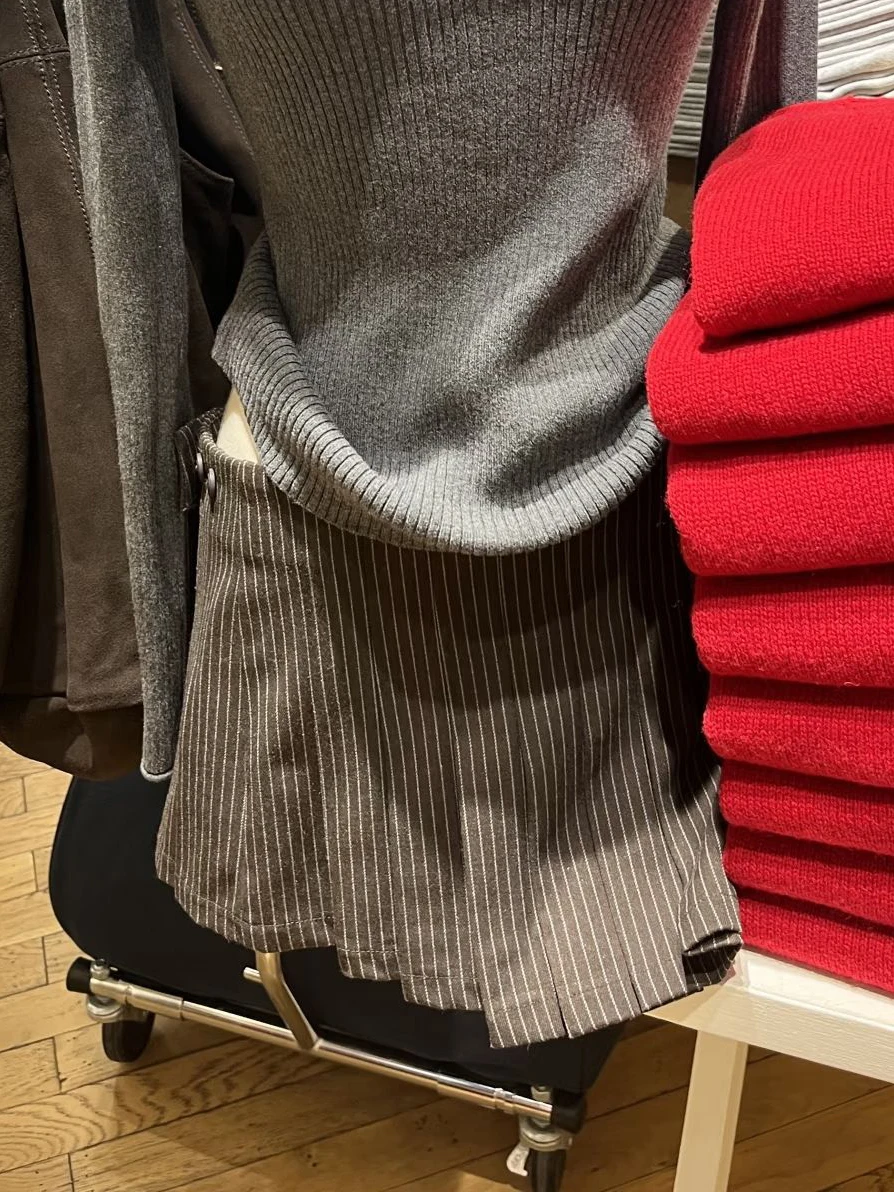 Spódniczki mini w paski kawowe, plisowane, damskie, wiosenne, z niskim stanem, w kształcie litery A, bawełniane, krótkie faldas, damskie, w stylu vintage preppy, nowe.