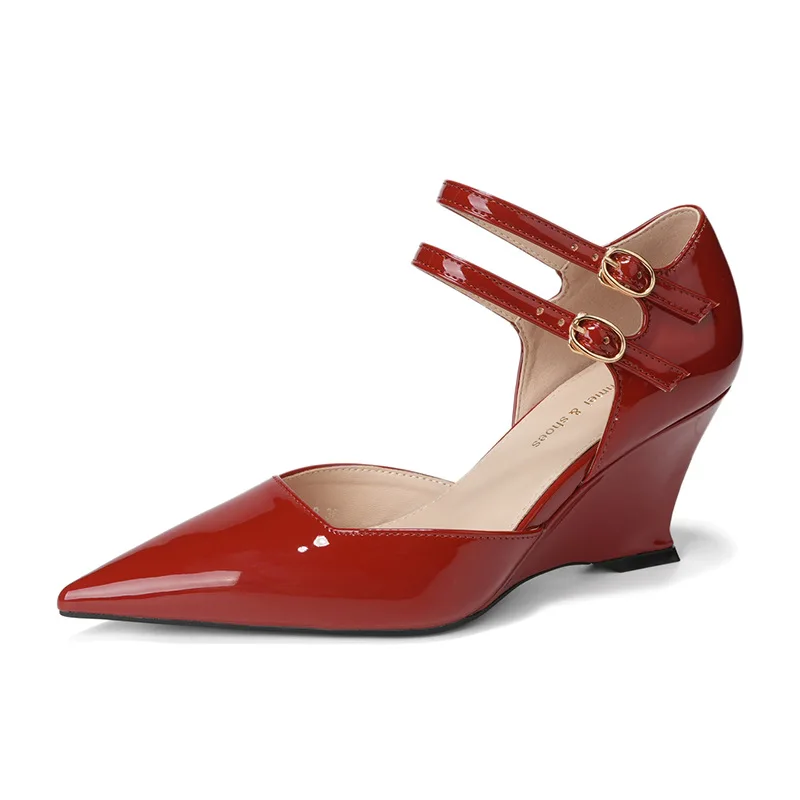 Patent leather single shoes pair of elegant temperament wedge heel commuter shoes pointed hollow comfortable women's shoes