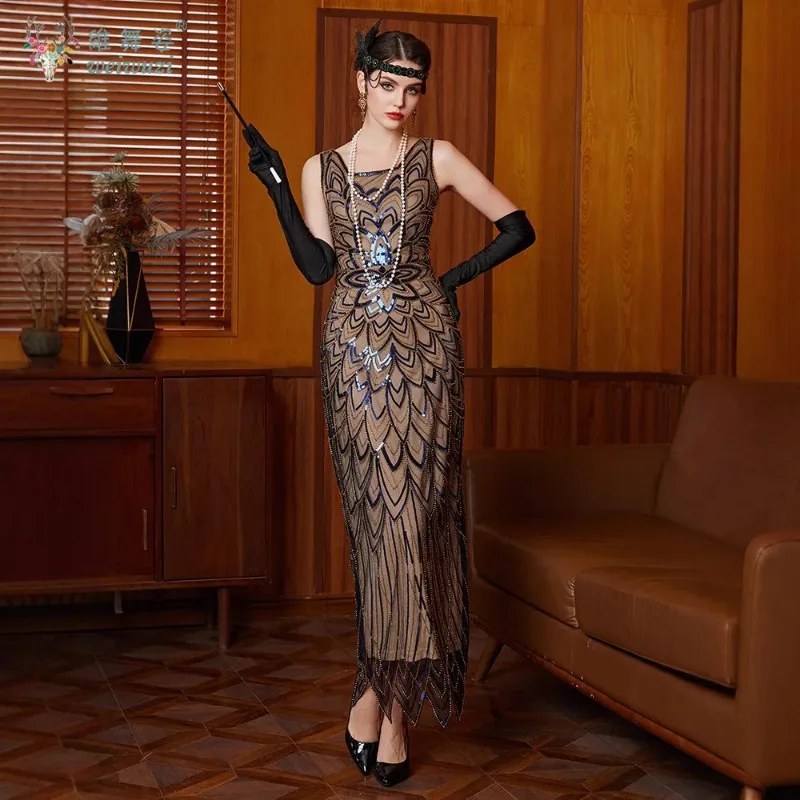 

Fashionable Waist Cinched Sleeveless Sequin Long Dress Summer Women's 1920s Vintage Elegant Sexy Banquet Evening Dresses