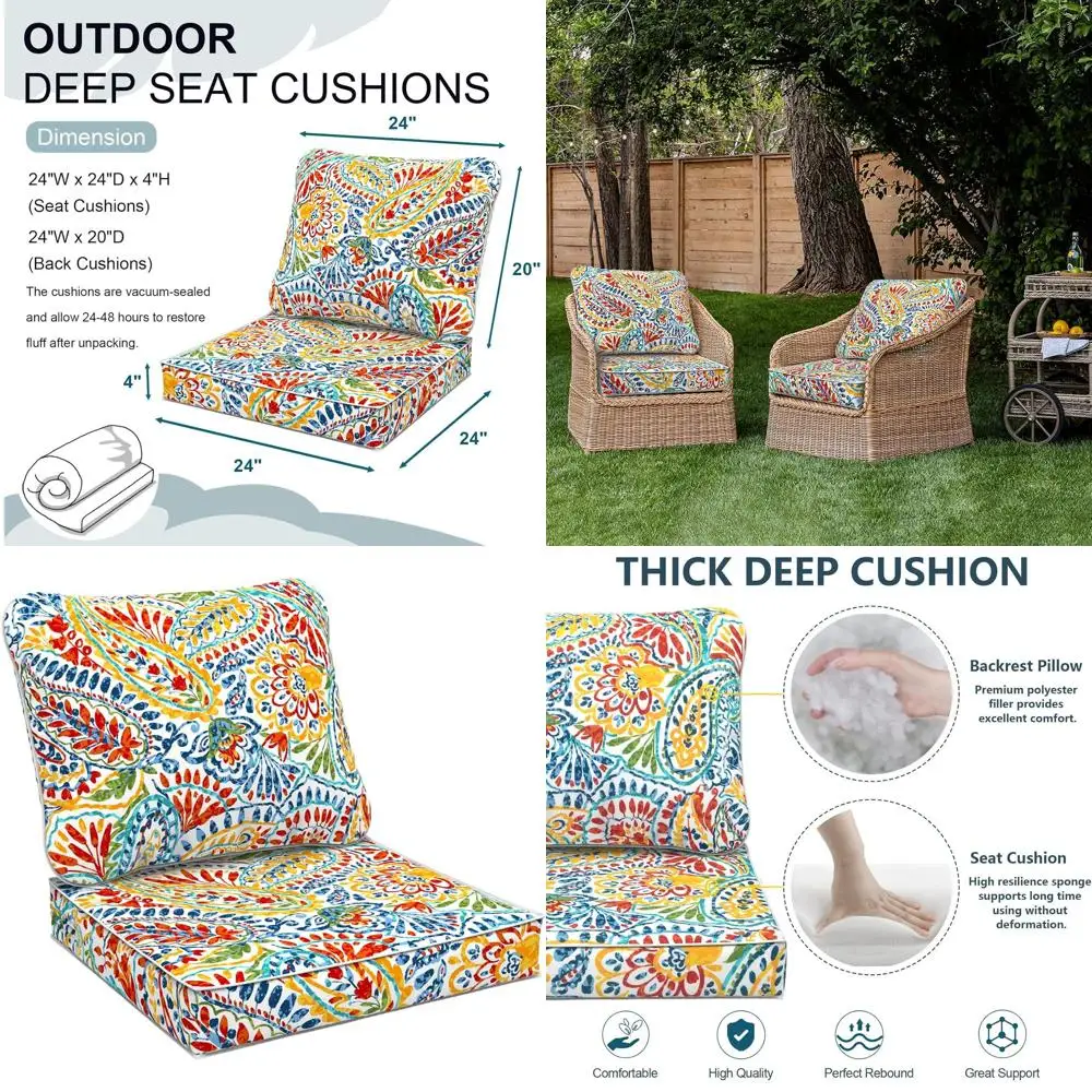 

Patio Furniture Cushion Set, 24 x 24, Water-Resistant, Paisley Multi, Includes Seat & Back Pillow