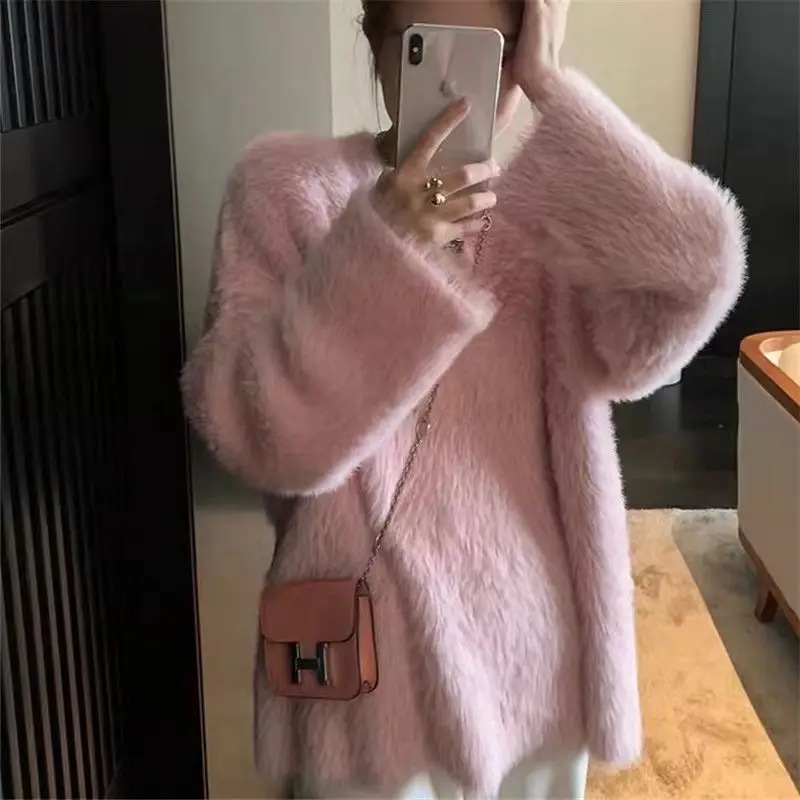 Korean Version Lazy Fashion Casual V-Neck Mink Autumn And Winter Soft Glutinous Mohair Thickened Knitted Sweater For Women