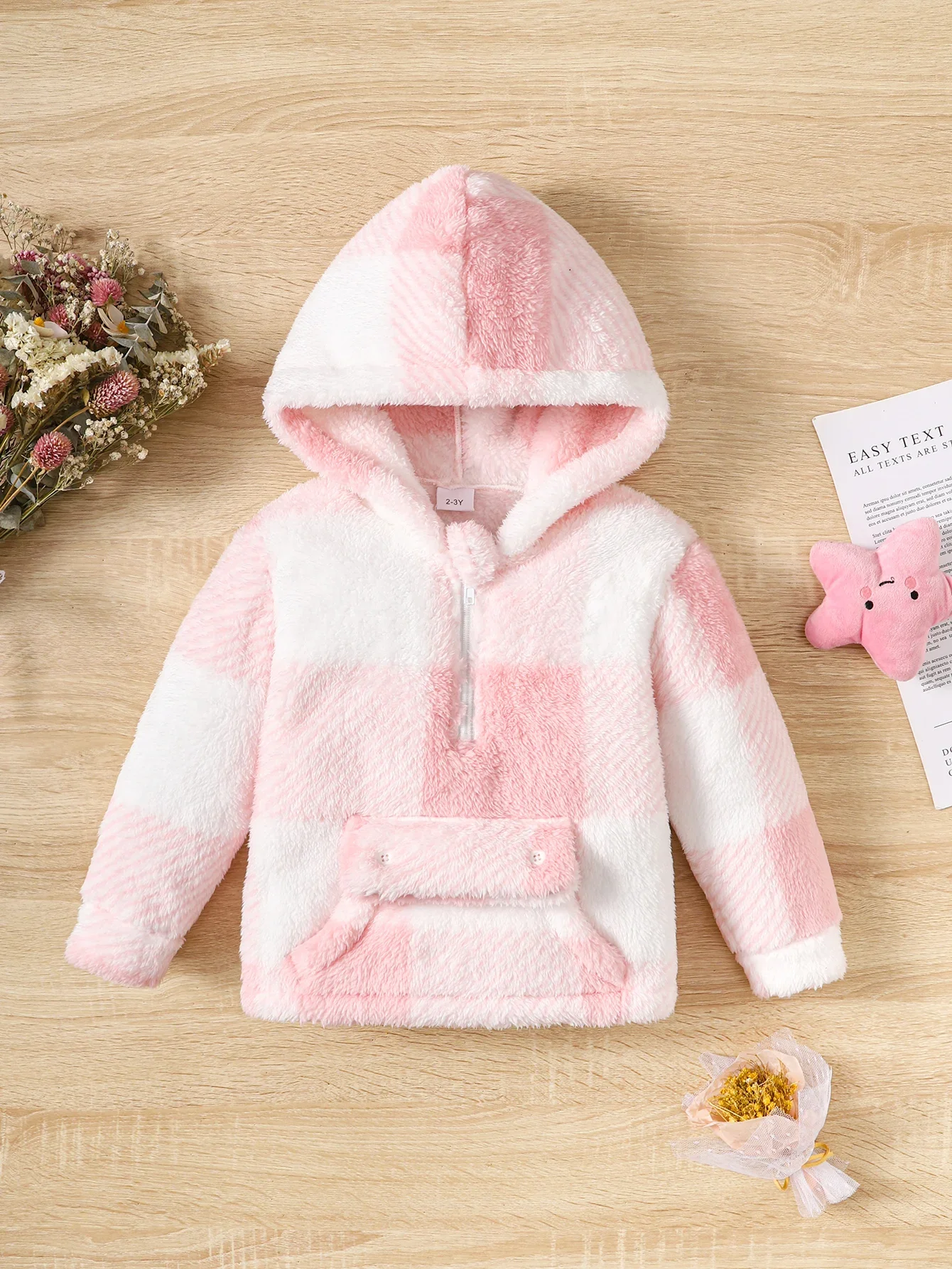 Little Girl Long Sleeved Hooded Sweater Cute Pink Plaid Jacket Plush Plush Thickened Fashion Clothes for Children Girl 2-8 Years